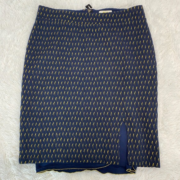 Anthropologie Maeve Hannon Navy Yellow Textured Pencil Skirt Size 12 - Picture 2 of 7